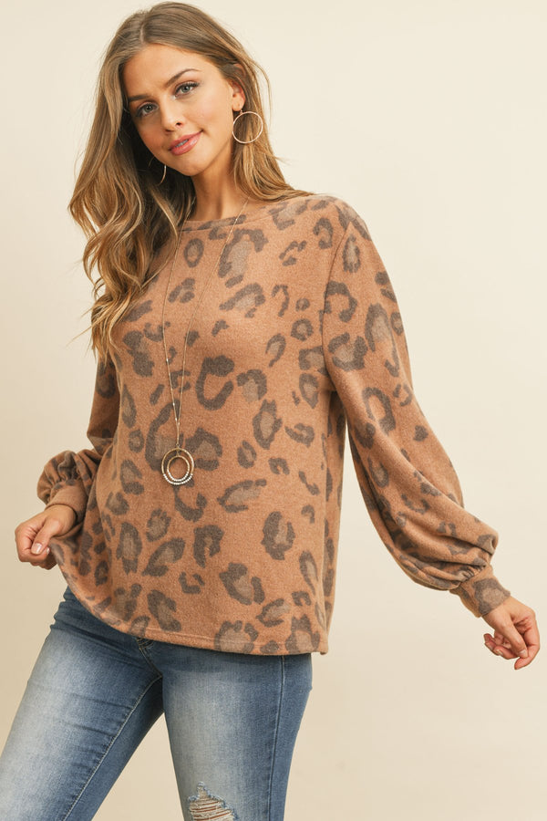 Leopard Brushed Hacci Puff Sleeved Boat Neck Top