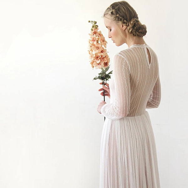 Modest Lace Wedding Dress, Gentle Stripes Pattern Maxi Dress 1209