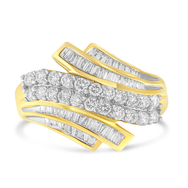 10K Yellow Gold 1.0 Cttw Round & Baguette Cut Diamond 64 Stone Bypass Style Channel Set Modern Statement Ring (H-I Color