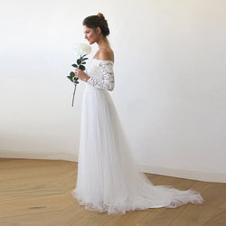 Ivory Off-The-Shoulder Lace and Tulle Train Wedding Gown 1162