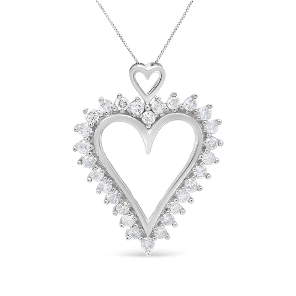.925 Sterling Silver 1 3/4 Cttw Round Diamond Lined Open Heart Pendant 18" Necklace (I-J Color, I2-I3 Clarity)