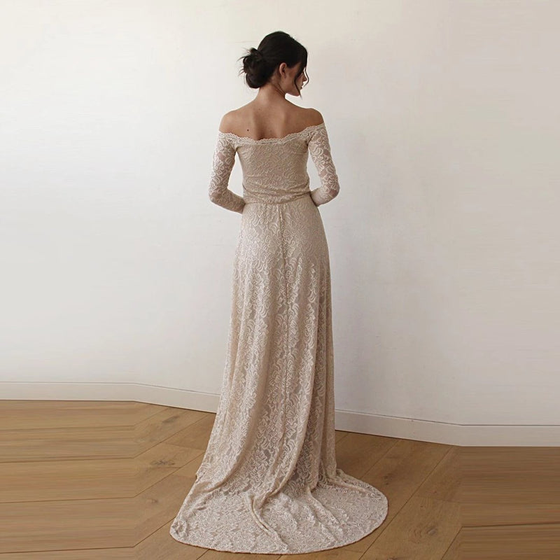Champagne F-The-Shoulder Floral Lace Long Sleeve Gown With Train 1148