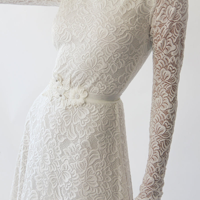 Long Sleeves Boat Neckline Modest Wedding Dress With Floral Sash Belt  #1296