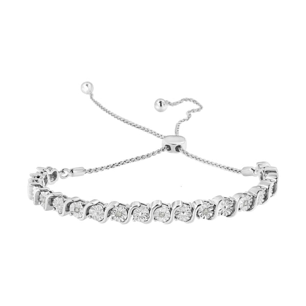 .925 Sterling Silver 1/10 Cttw Diamond Miracle Plate in Bypass Style "S" Links Adjustable Bolo Bracelet (I-J Color, I2-I