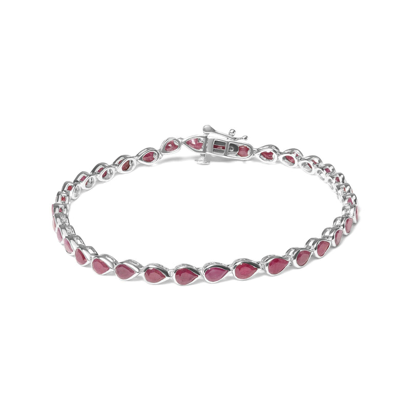 .925 Sterling Silver Bezel Set Pear Shaped Lab Created Pink Ruby Link Bracelet (AAA+ Quality) - Size 7.25"