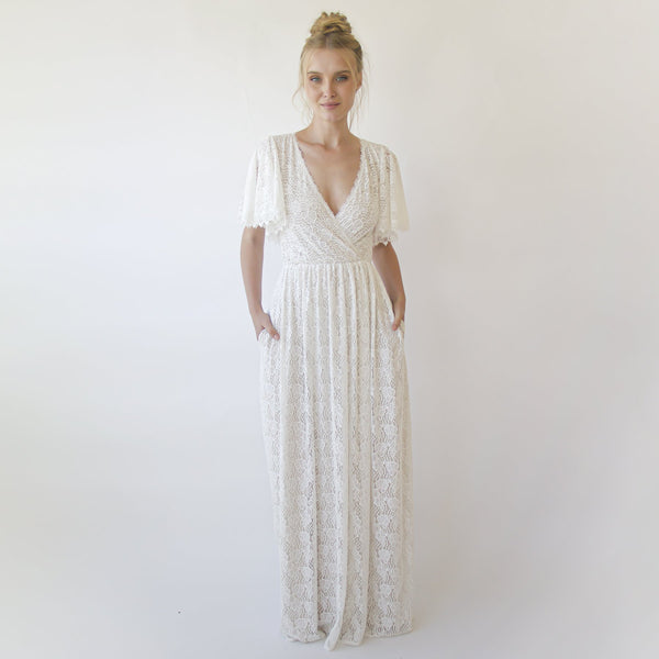 Ivory Pearl Lace Bohemian Wedding Dress With Pockets #1345