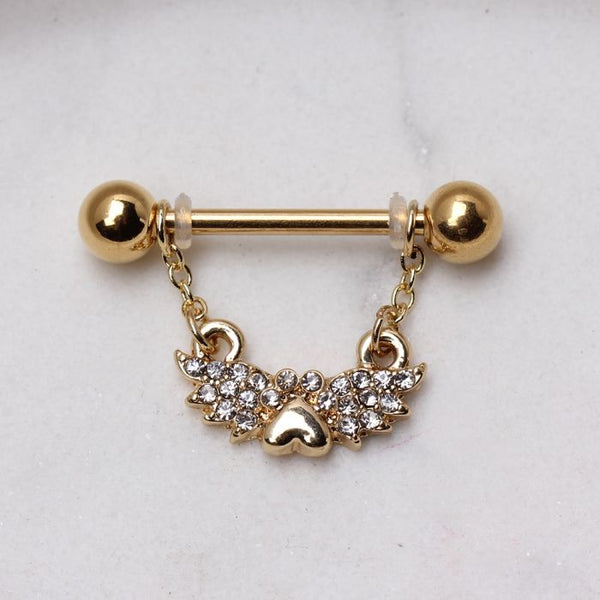 Gold Plated Jeweled Winged Heart Nipple Ring
