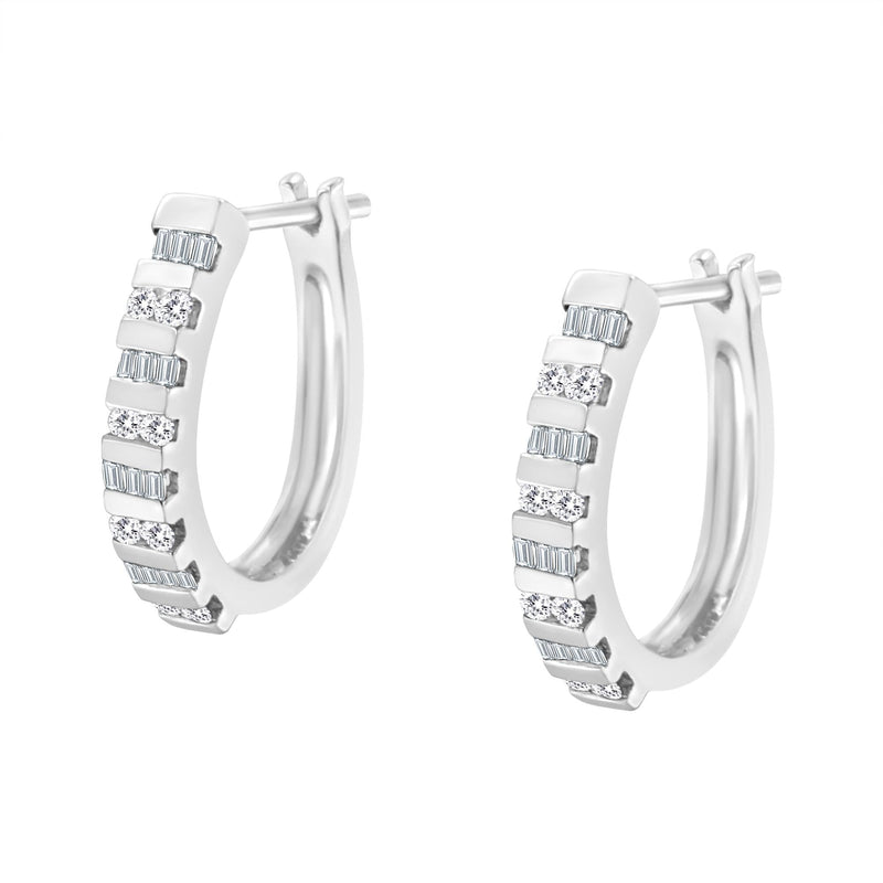 10K Yellow Gold 1.0 Cttw Round and Baguette-Cut Diamond Hoop Earrings (I-J Color, I2-I3 Clarity)