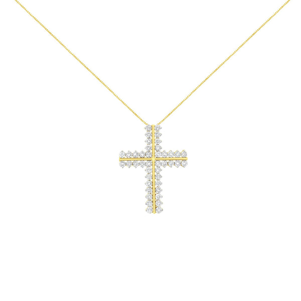 10K Yellow Gold 4.0 Cttw Diamond Two Row Cross 18" Pendant Necklace (J-K Clarity, I1-I2 Color)