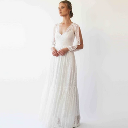 Bishop With a Slit Sleeves Dress,lace Bohemian Wedding Dress, Ivory Vintage Style Dress 1260