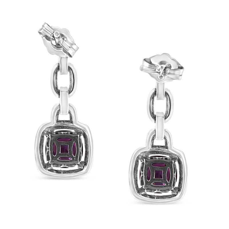 .925 Sterling Silver 6x6MM Cushion Shaped Natural Purple Amethyst and Diamond Accent Drop and Dangle Earrings (I-J Color