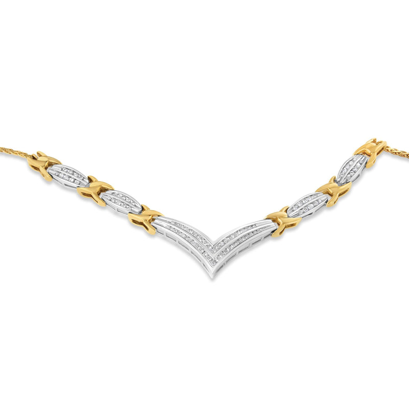 10K Yellow and White Gold 1.0 Cttw Round and Princess Cut Diamond "V" Shape Statement Necklace (I-J Color, I1-I2 Clarity