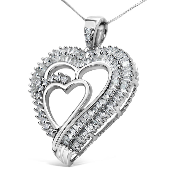.925 Sterling Silver 3/4 Cttw Round and Baguette Diamond Double Heart Pendant 18" Necklace (I-J Color, I3 Clarity)