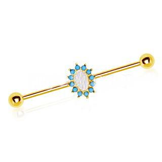 Gold Plated Halo White Synthetic Opal Industrial Barbell