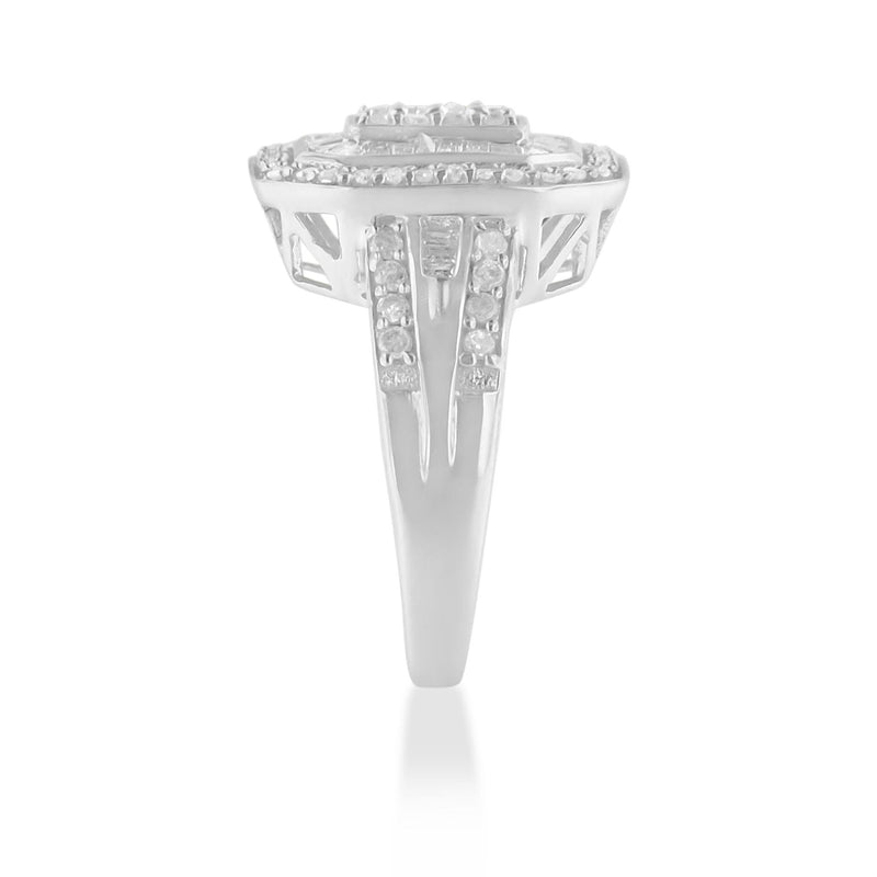 .925 Sterling Silver 1.0 Cttw Round and Baguette Cut Diamond Elongated Octagon Shaped Cocktail Ring (H-I Color, I2-I3 Cl
