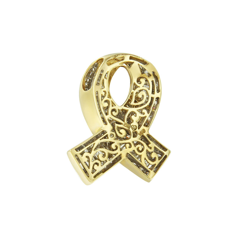 14K Yellow Gold 2 5/8 Cttw Channel Set White Diamond Awareness Ribbon Pendant Necklace (G-H Color, VS1-VS2 Clarity) - NO