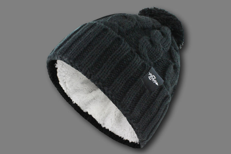 Fear0 Plush Insulated Extreme Cold Gear Womens Black Cuff Knit Pom Beanie Hat