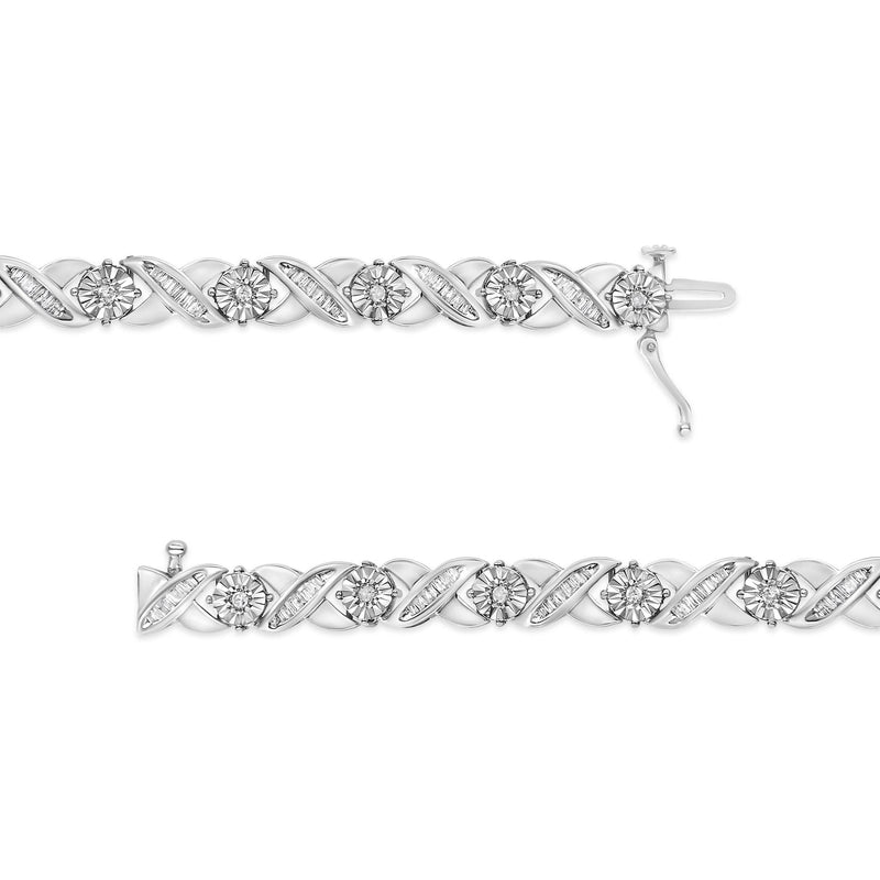 .925 Sterling Silver 1.0 Cttw Round-Brilliant and Baguette Cut Diamond Miracle-Set X-Link 7" Tennis Bracelet (I-J Color,