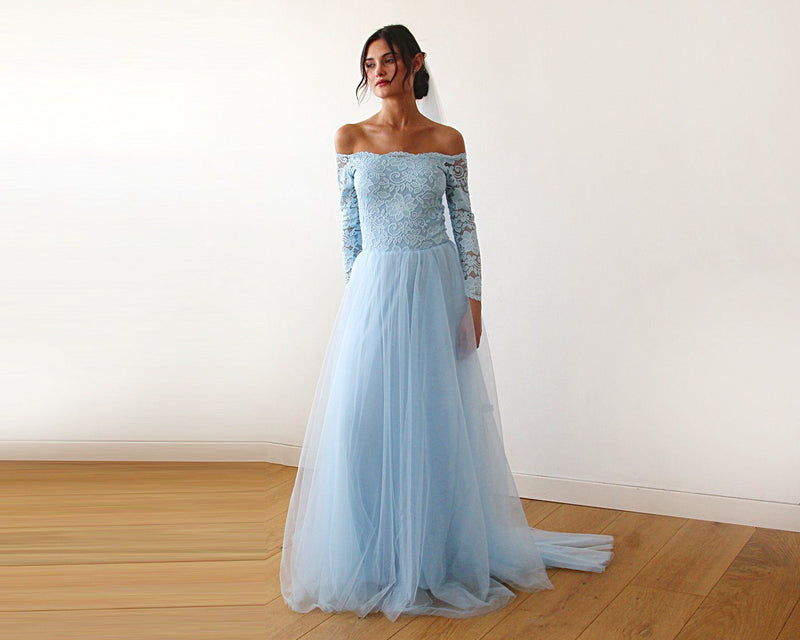 Light Blue  Off-The-Shoulder Lace and Tulle Train Wedding Gown 1162