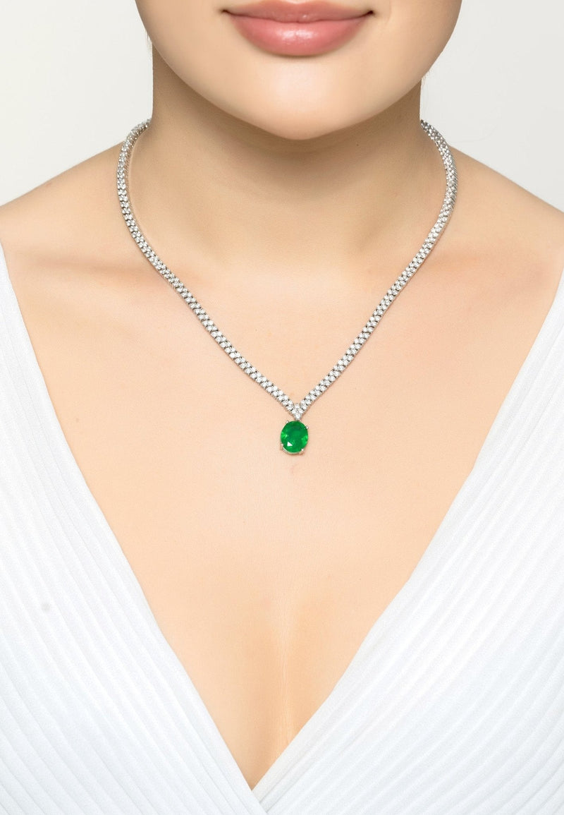 Garbo Oval Gemstone Tennis Necklace Emerald Silver