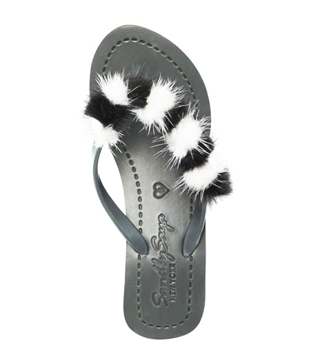Mink_Black & White - Genuine Fur Embellished Women's  Flip Flops Sandal