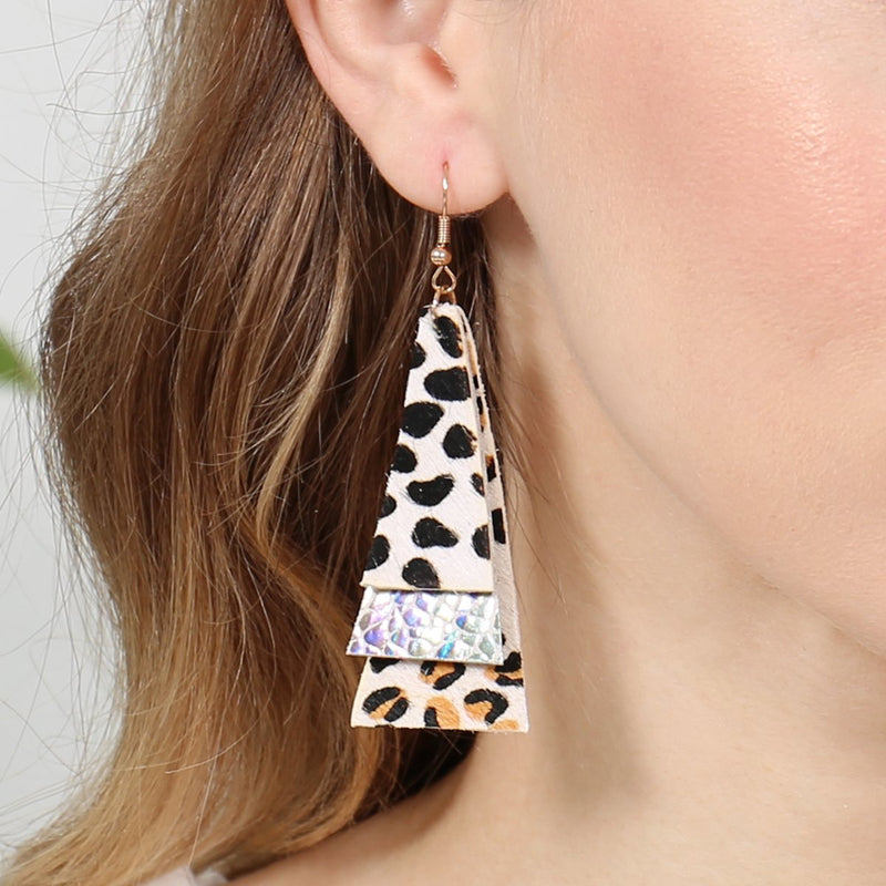 Hde2890 - Animal Print Layered Leather Trapezoid Hook Earrings