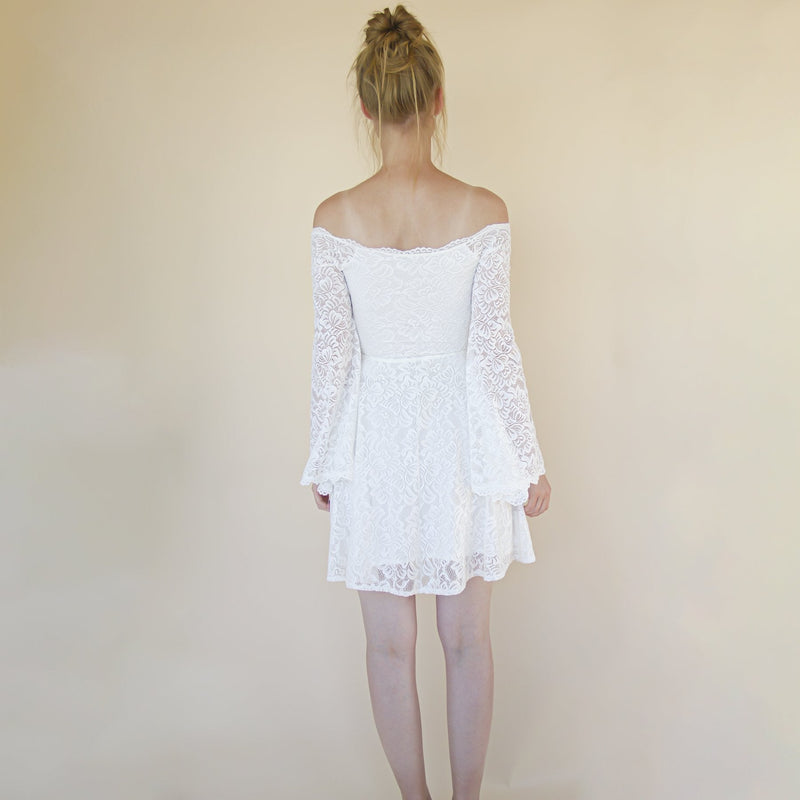 Short Wedding Dress, Off the Shoulder Mini Length Wedding Dress With Bell Sleeves  #1370