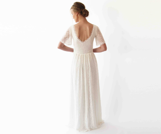 Cape Sleeves Lace Bohemian Wedding Dress, Ivory Color 1232