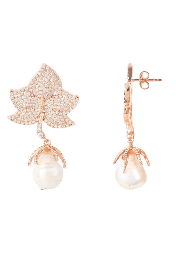 Baroque Pearl Leaf Earring White CZ Rose Gold
