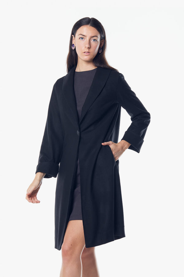 Power Woman- Worsted Flannel Long Jacket-Black