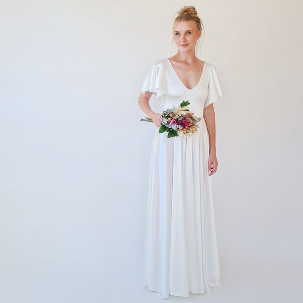 Minimalist Wedding Dress, Elegant Satin Butterfly Sleeves Ivory Wedding Dress #1349