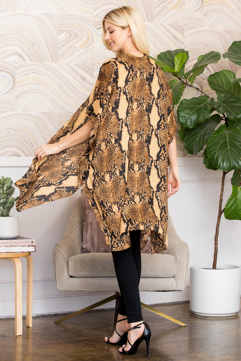 Brown Snake Skin Print Knee Length Open Front Kimono