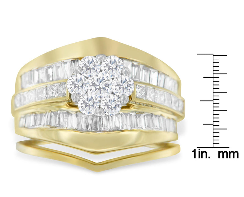 14K Yellow Gold 2-1/3 Cttw Diamond Cluster Channel Set Chevron Shaped Band Engagement Ring & Wedding Band Set (H-I Color