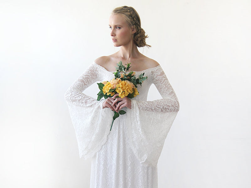 Long Bell Sleeve Lace Wedding Dress, Off-Shoulders Lace Boho Wedding Dress, Bohemian Ivory Wedding Dress, Elopement Lace