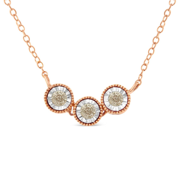 10K Rose and White Gold Plated .925 Sterling Silver 1/4 Cttw Miracle-Set Champagne Diamond Triple Circle 18" Necklace (I