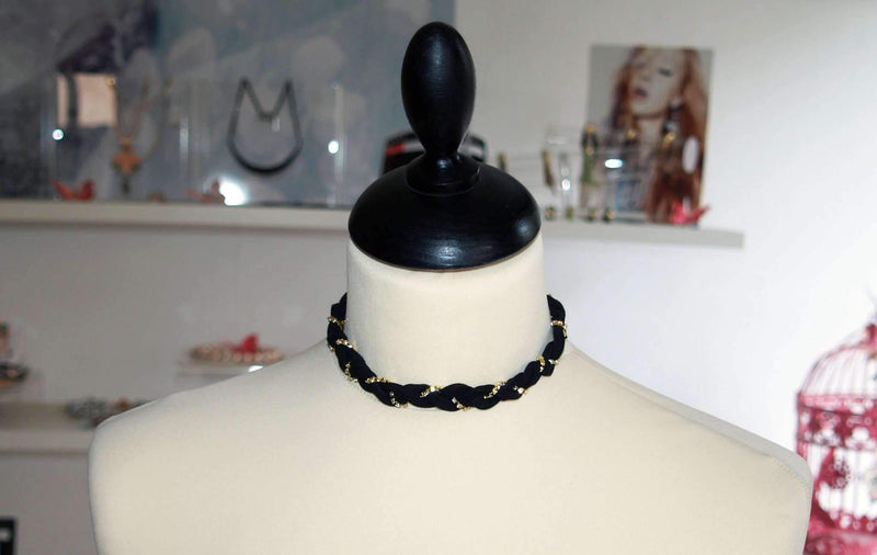 Black Braided Suede Crystal Choker. Braided Vegan Suede With 18K Gold Plated Swarovski Crystals Chain and Silver Plated