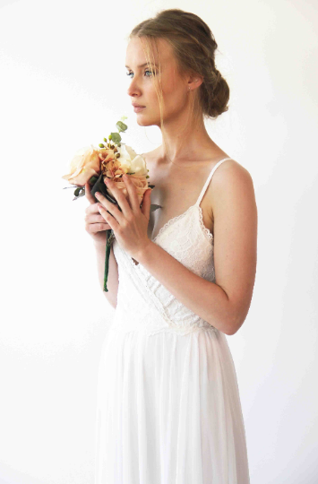 Wrap Straps Lace Wedding Dress With Chiffon Skirt , Simple Wedding Dress  1262