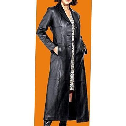 Ladies 3 Button Matrix Black Full Length Leather Coat