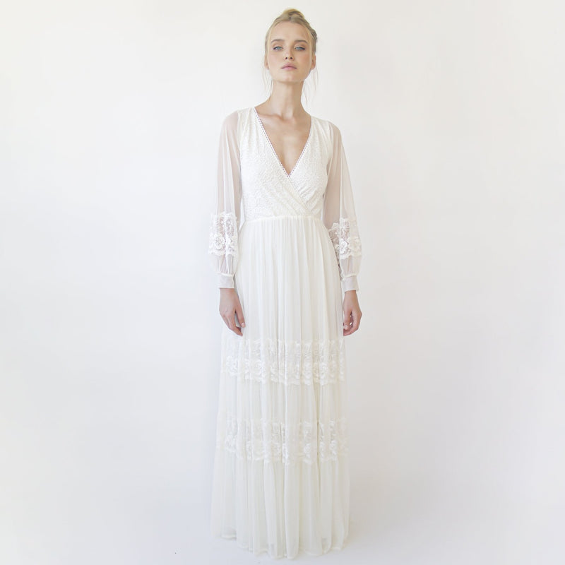Bestseller Ivory Wrap Lace Wedding Dress With Chiffon Mesh Sleeves #1352