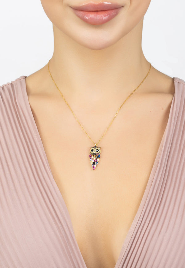 Owl Rainbow Pendant Necklace Gold