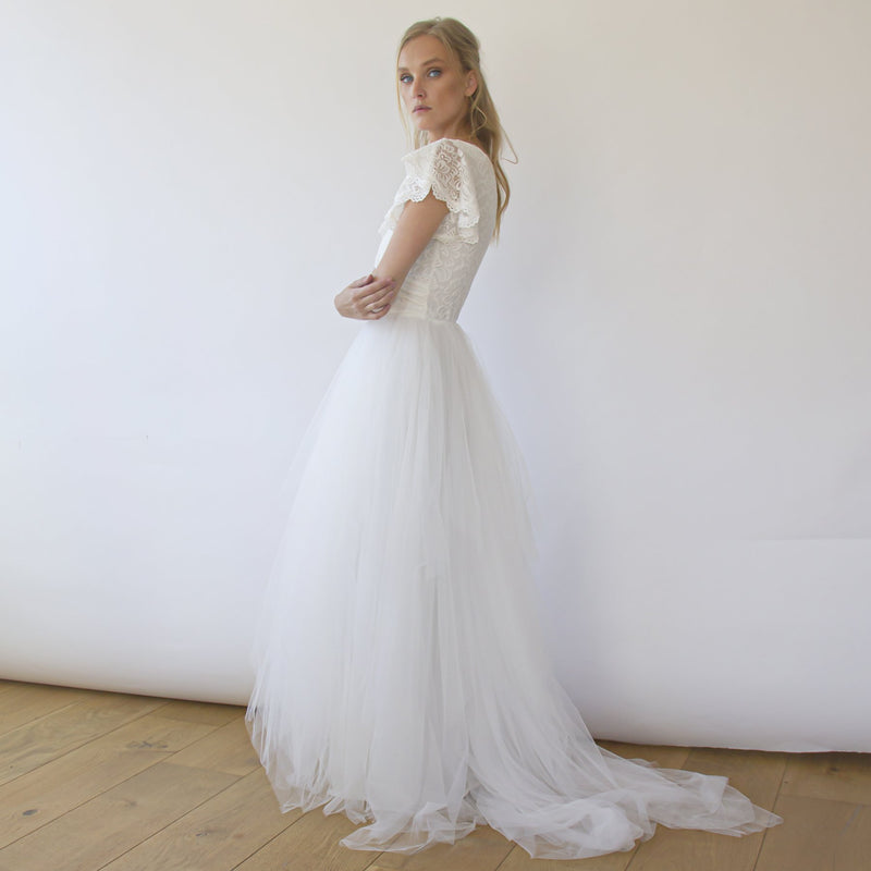Fairy Blush Wrap Wedding Dress, Butterfly Sleeves and Puffy Tulle #1293