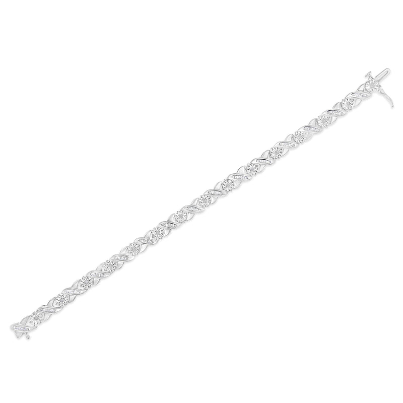 .925 Sterling Silver 1.0 Cttw Round-Brilliant and Baguette Cut Diamond Miracle-Set X-Link 7" Tennis Bracelet (I-J Color,