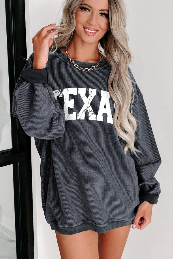 Texas Ribbed Knit Round Neck Pullover Sweatshirt