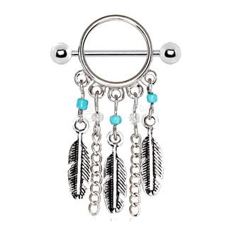 316L Surgical Steel Turquoise Beads Feather Dangle Nipple Shield