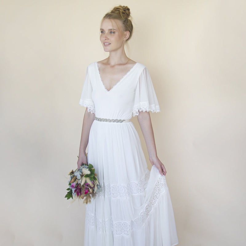 Romantic, Vintage Butterfly Chiffon Sleeves Ivory Wedding Dress #1348