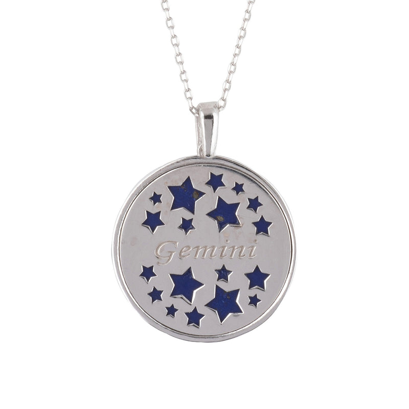 Zodiac Lapis Lazuli Gemstone Star Constellation Pendant Necklace Silver Gemini