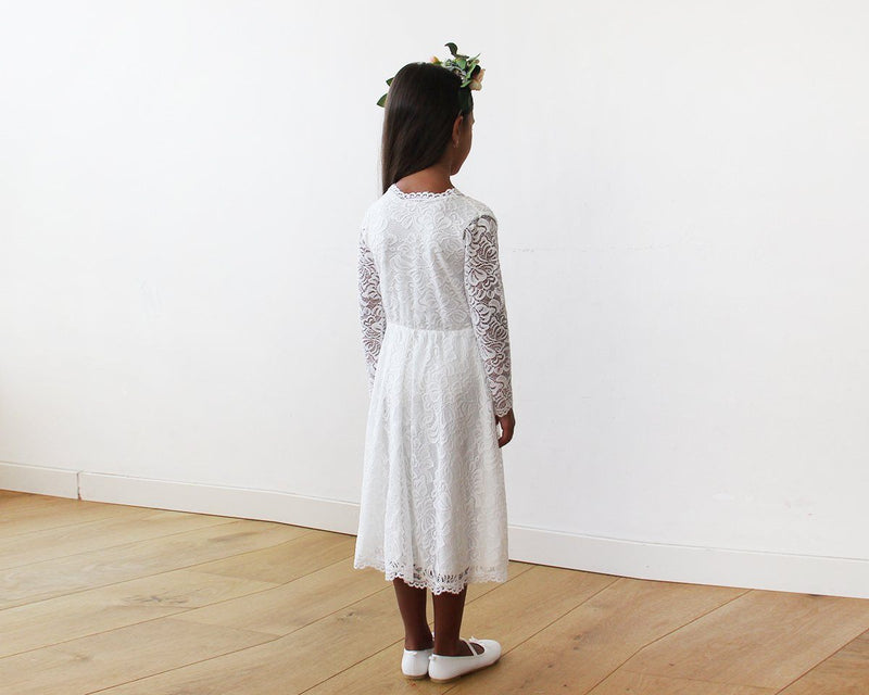 Ivory Lace Long Sleeves Flower Girls Short Dress 5045