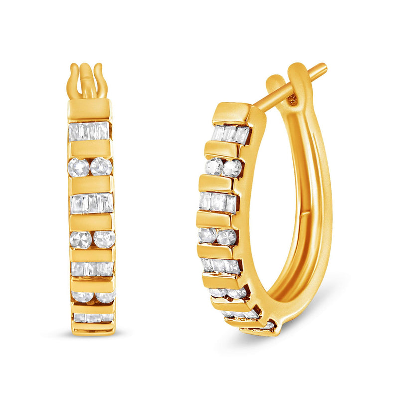 10K Yellow Gold 1.0 Cttw Round and Baguette-Cut Diamond Hoop Earrings (I-J Color, I2-I3 Clarity)