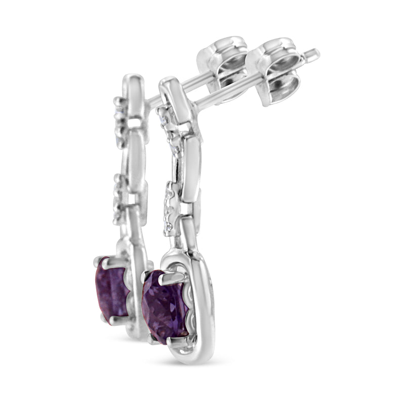 .925 Sterling Silver 6x6MM Cushion Shaped Natural Purple Amethyst and Diamond Accent Drop and Dangle Earrings (I-J Color