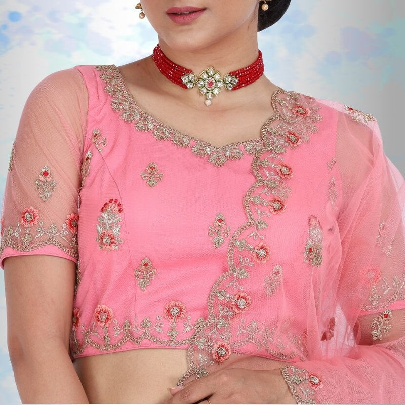 Pink Pure Net Lehenga Choli With Multicolor Embroidery